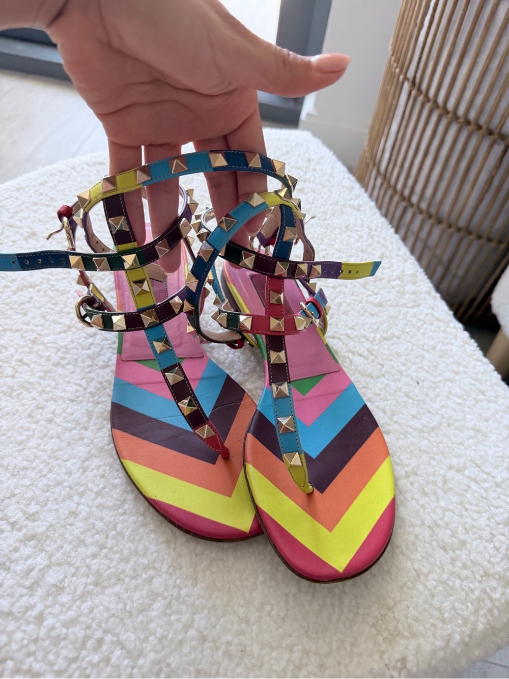 Valentino Garavani Multicolor Chevron Studded T-Strap Sandals
